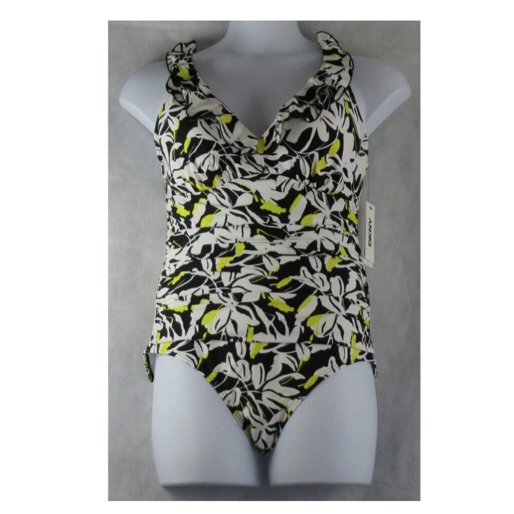 NWT DKNY Women's Ruffle V-Neck One-Piece Swimsuit, Floral Multi, Large